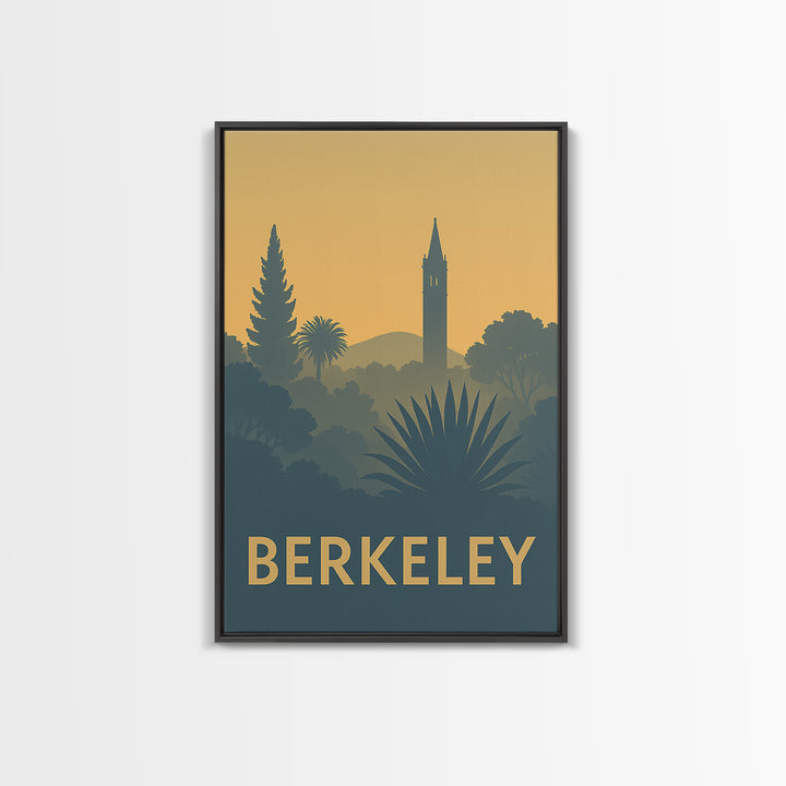 Berkeley Travel Poster, Framed Canvas Print, Sunset Skyline Wall Art, Berkeley City Art, Mid Century Wall Art, Vintage City Poster