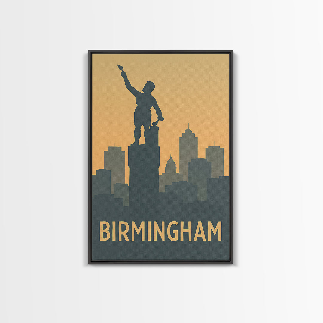 Birmingham Travel Poster, Framed Canvas Print, Sunset Skyline Wall Art, Birmingham Poster Print, City Art Print, Vintage City Art