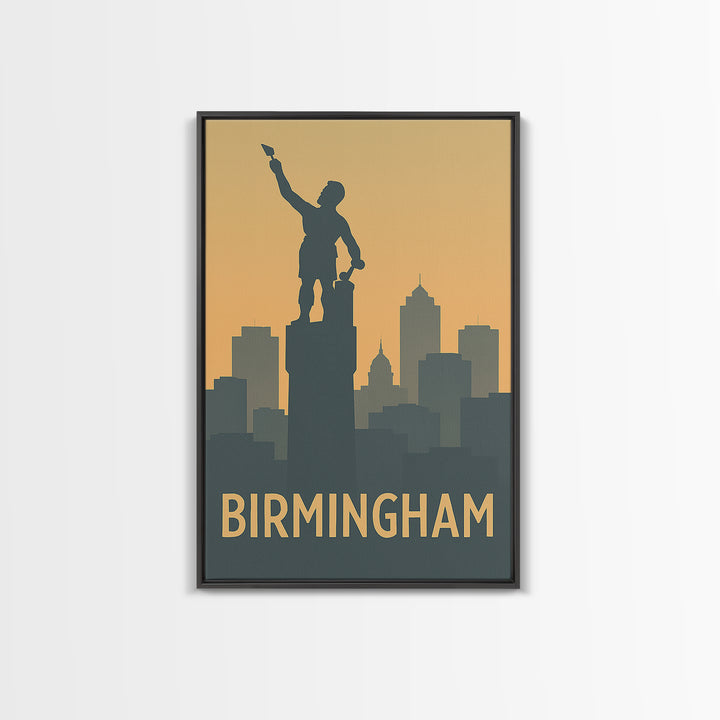Birmingham Travel Poster, Framed Canvas Print, Sunset Skyline Wall Art, Birmingham Poster Print, City Art Print, Vintage City Art