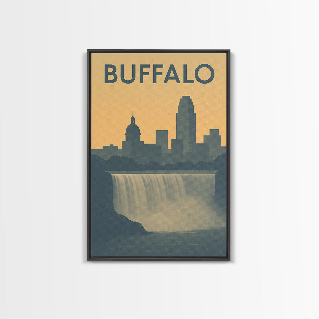 Buffalo Travel Poster, Framed Canvas Print, Sunset Skyline Wall Art, Buffalo Wall Art, Retro Travel Print, Wanderlust Decor, Poster Print