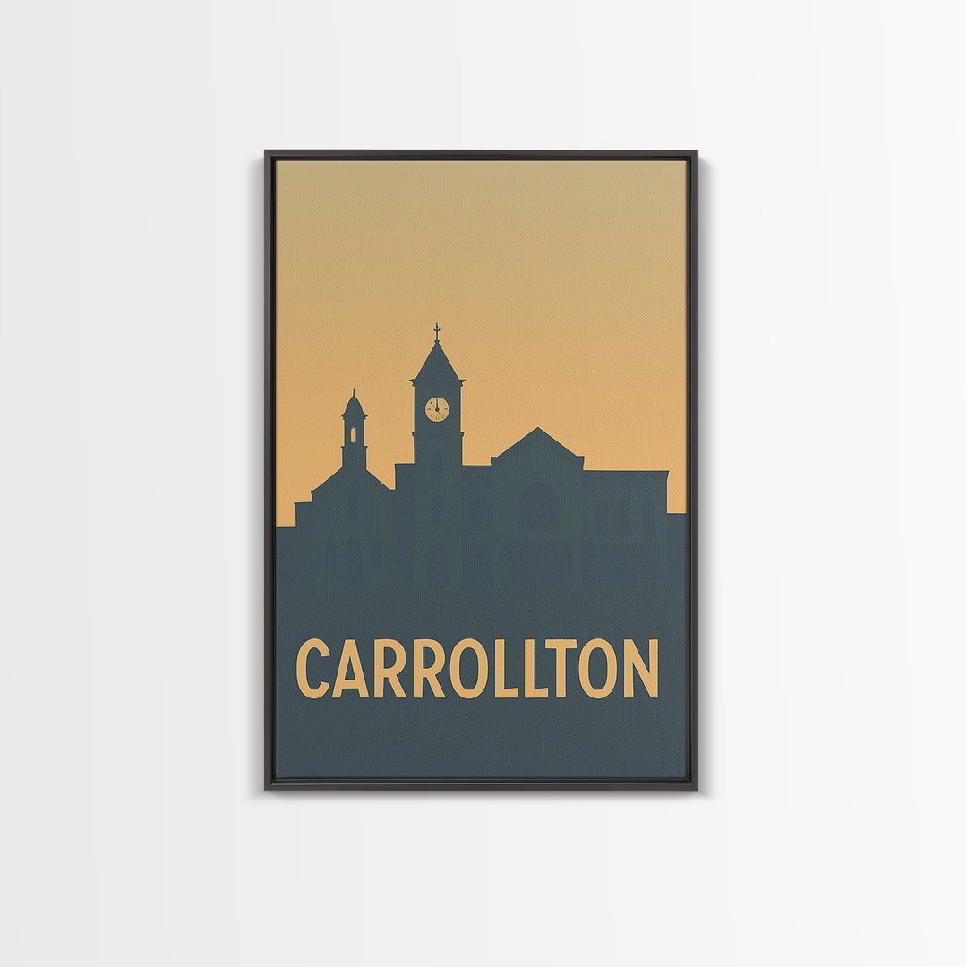 Carrollton Texas Travel Poster, Framed Canvas Print, Mid Century Travel Art, Carrollton Poster Print, City Travel Prints, Home Office Decor