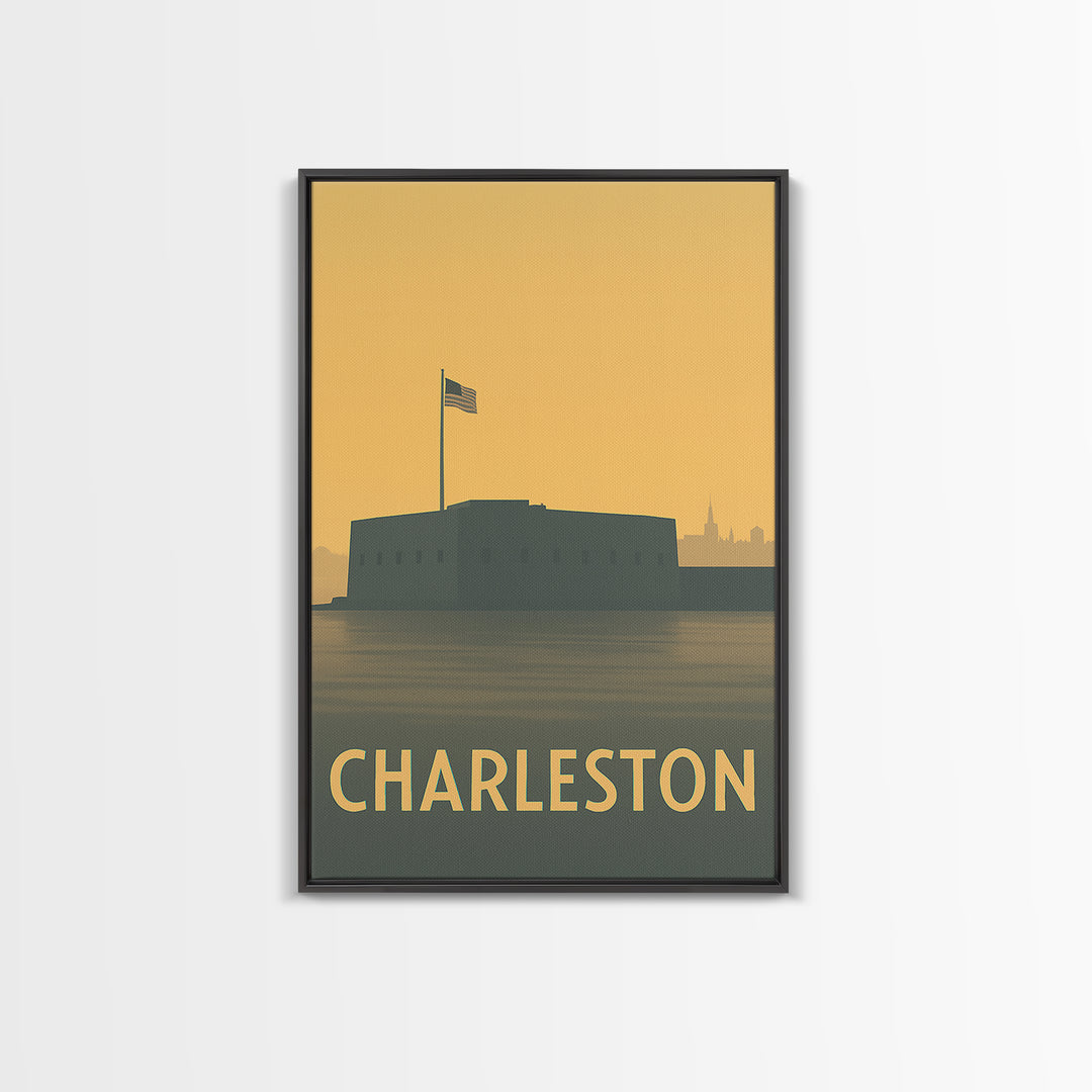 Charleston Travel Poster, Framed Canvas Print, Sunset Skyline Wall Art, Charleston City Art, Home Office Decor, Wanderlust Decor