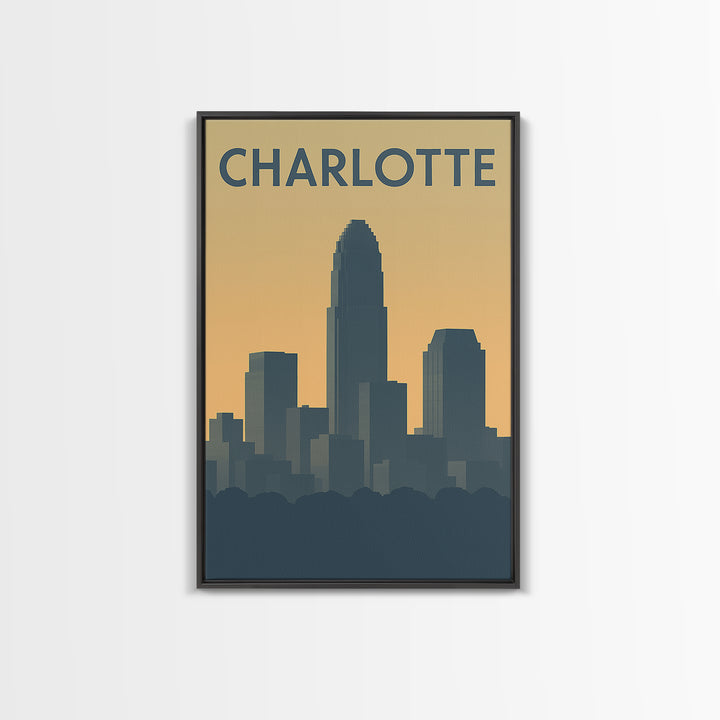Charlotte North Carolina Travel Poster, Canvas Print, Sunset Skyline Wall Art, Charlotte Art Print, Watercolor Urban Skyline, Travel Art