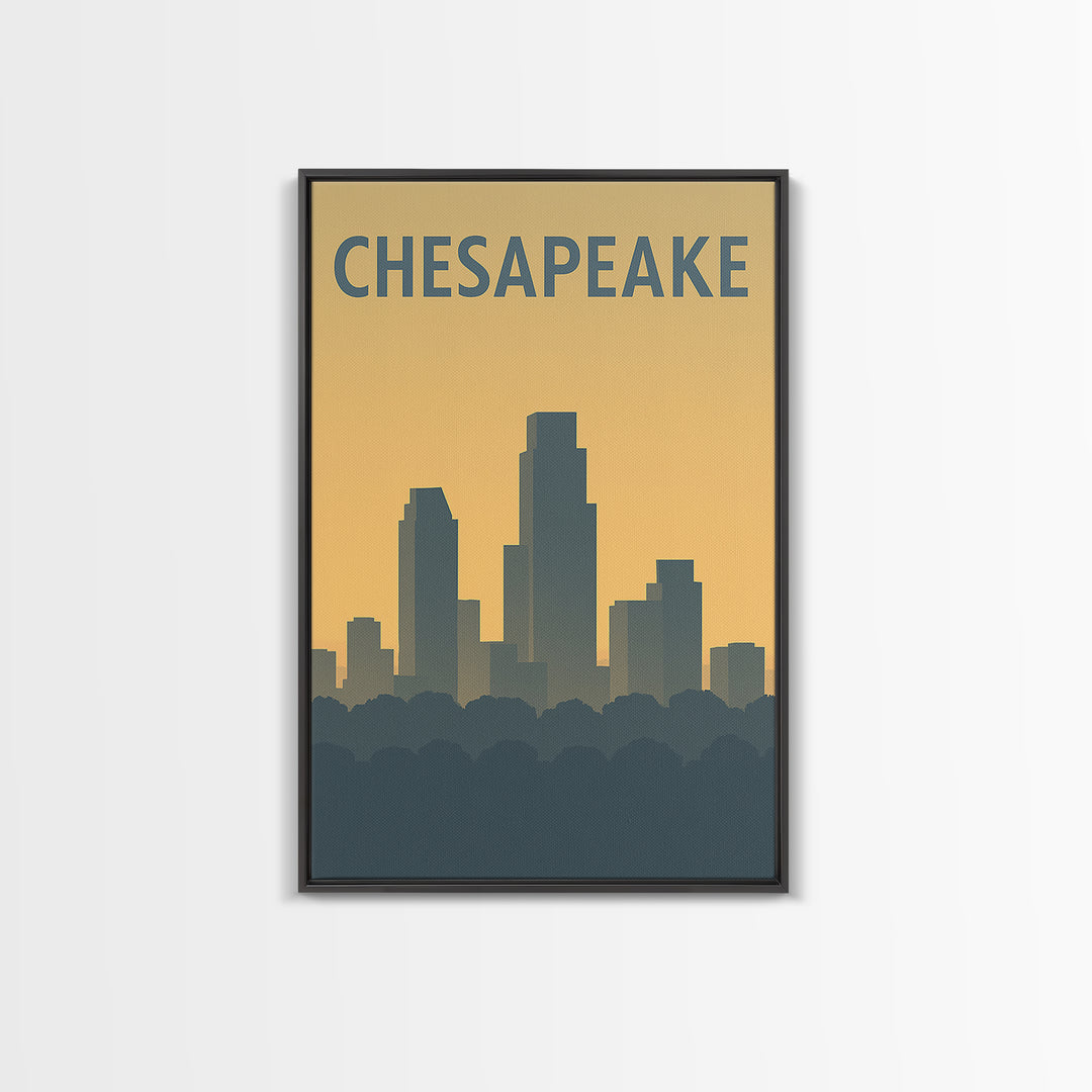 Chesapeake Virginia Travel Poster, Framed Canvas Print, Sunset Skyline Wall Art, Chesapeake Wall Art, Retro Travel Print, Home Office Decor