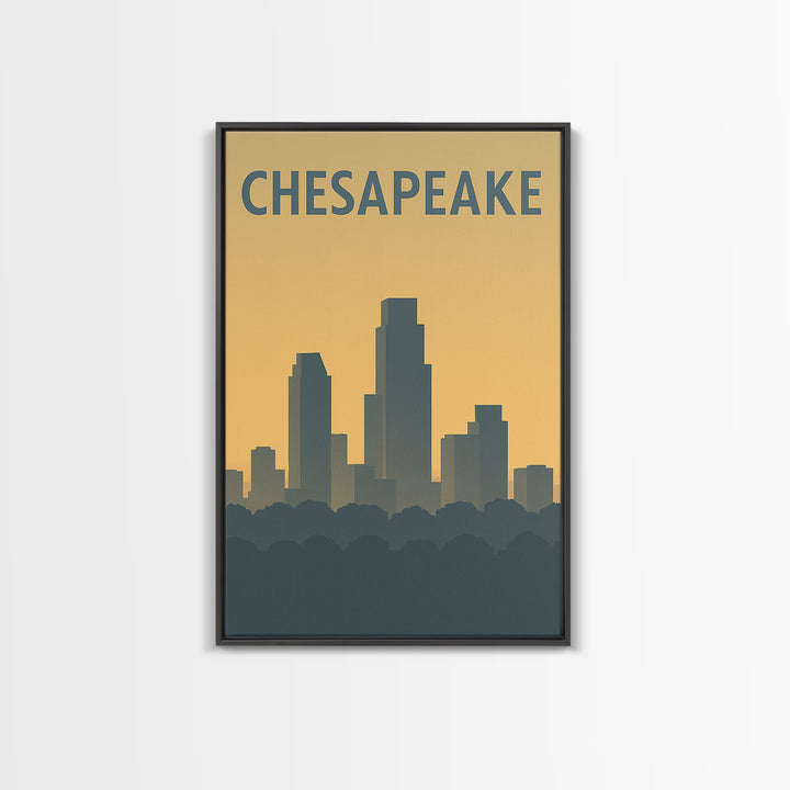 Chesapeake Virginia Travel Poster, Framed Canvas Print, Sunset Skyline Wall Art, Chesapeake Wall Art, Retro Travel Print, Home Office Decor
