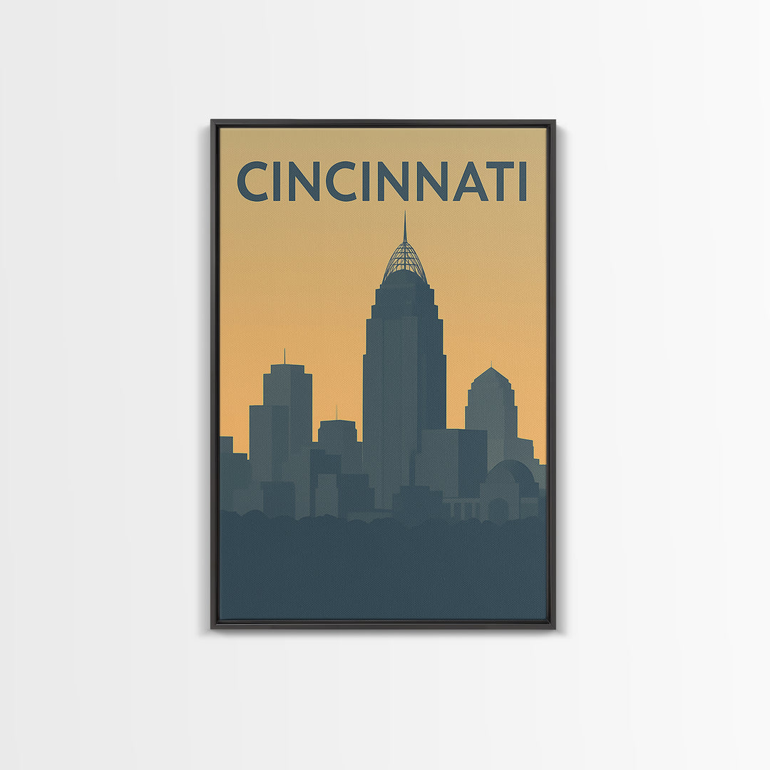Cincinnati Ohio Travel Poster, Framed Canvas Print, Sunset Skyline Wall Art, Cincinnati Poster Print, Retro Travel Print, Home Office Decor