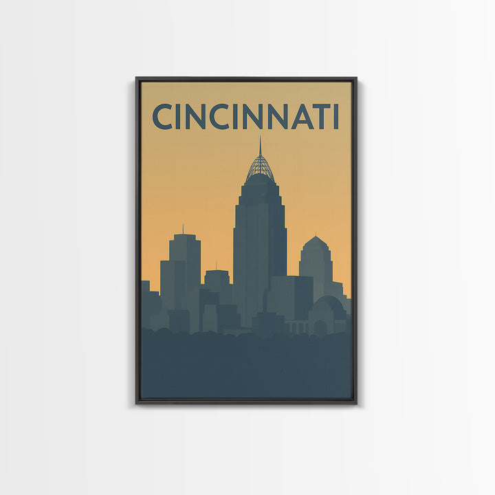 Cincinnati Ohio Travel Poster, Framed Canvas Print, Sunset Skyline Wall Art, Cincinnati Poster Print, Retro Travel Print, Home Office Decor