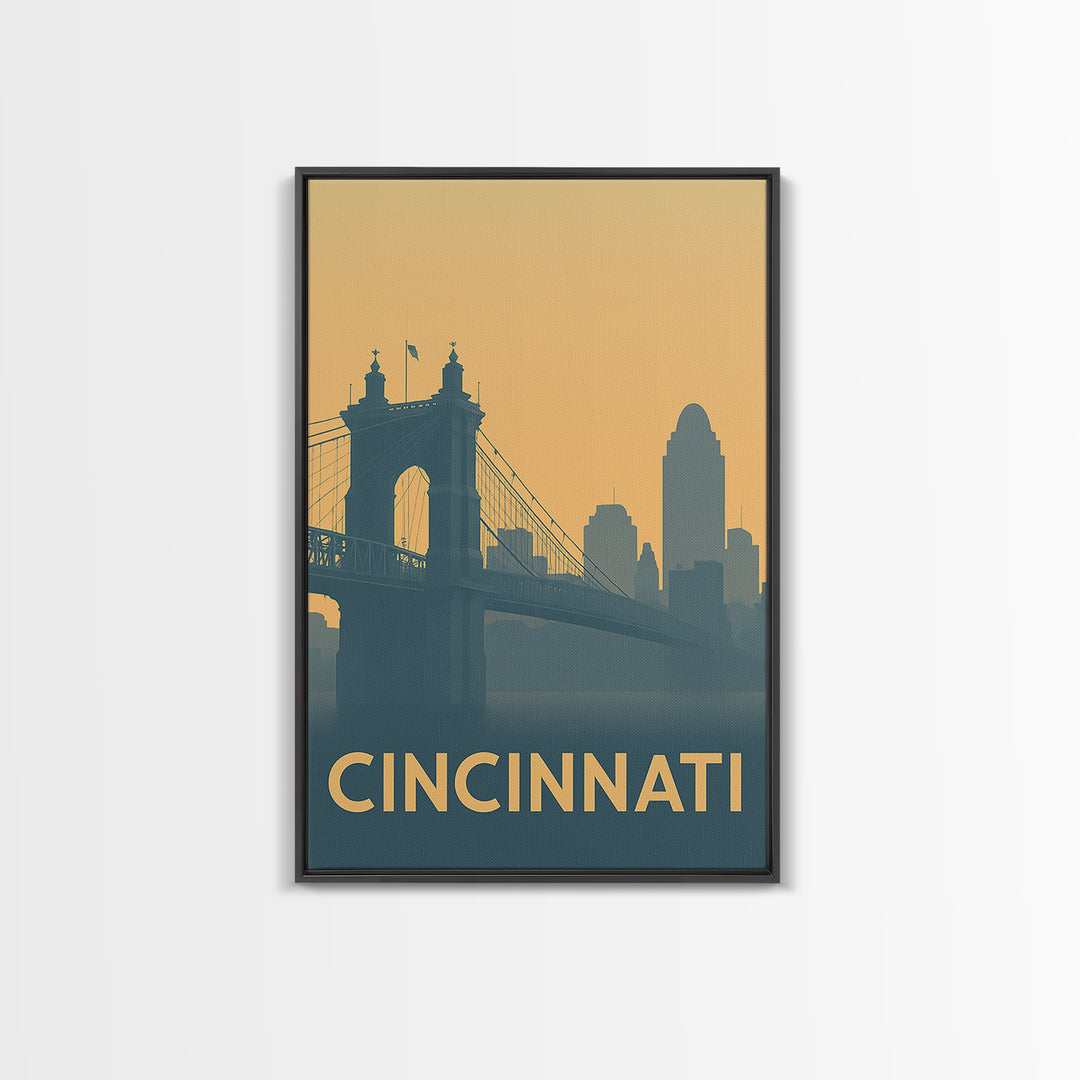 Cincinnati Travel Poster, Framed Canvas Print, Minimalist Retro Wall Art, Cincinnati Wall Art, Vintage Travel Print, Travel Poster Art