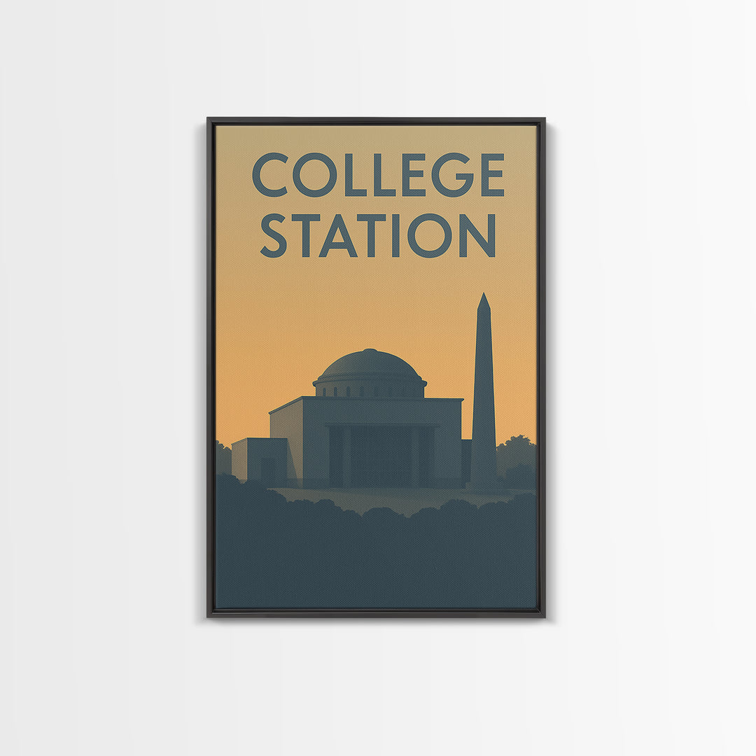 College Station Texas Travel Poster, Canvas Print, Sunset Skyline Wall Art, College Station Wall Art, Travel Art Print, Vintage City Art