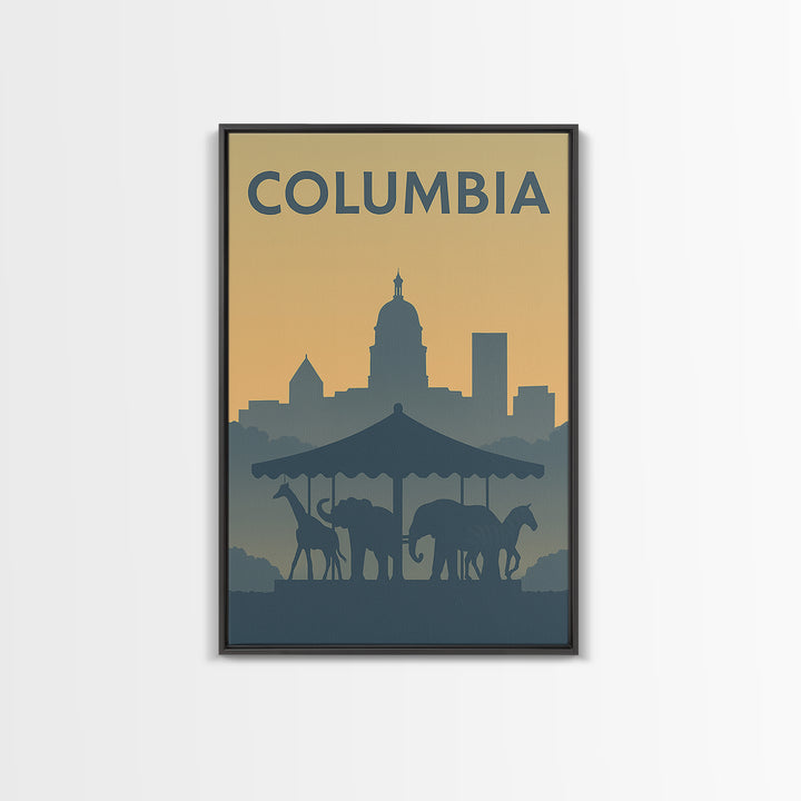 Columbia Travel Poster, Framed Canvas Print, Vintage City Poster Art, Columbia Travel Art, Mid Century Wall Art, Retro Travel Print