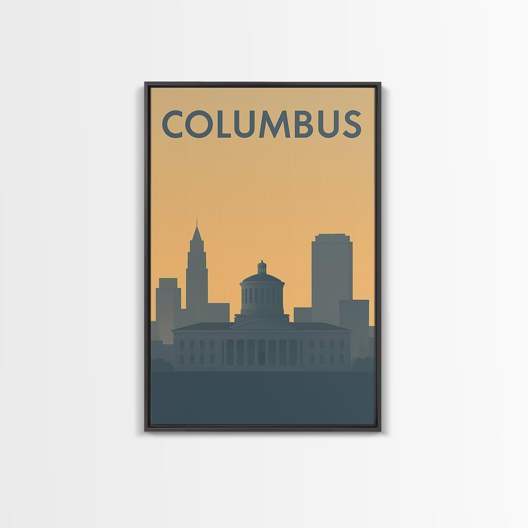 Columbus Travel Poster, Framed Canvas Print, Sunset Skyline Wall Art, Columbus Poster Print, Travel Wall Art, Travel Poster Art