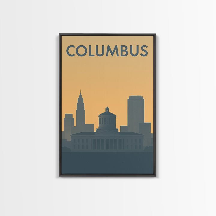 Columbus Travel Poster, Framed Canvas Print, Sunset Skyline Wall Art, Columbus Poster Print, Travel Wall Art, Travel Poster Art
