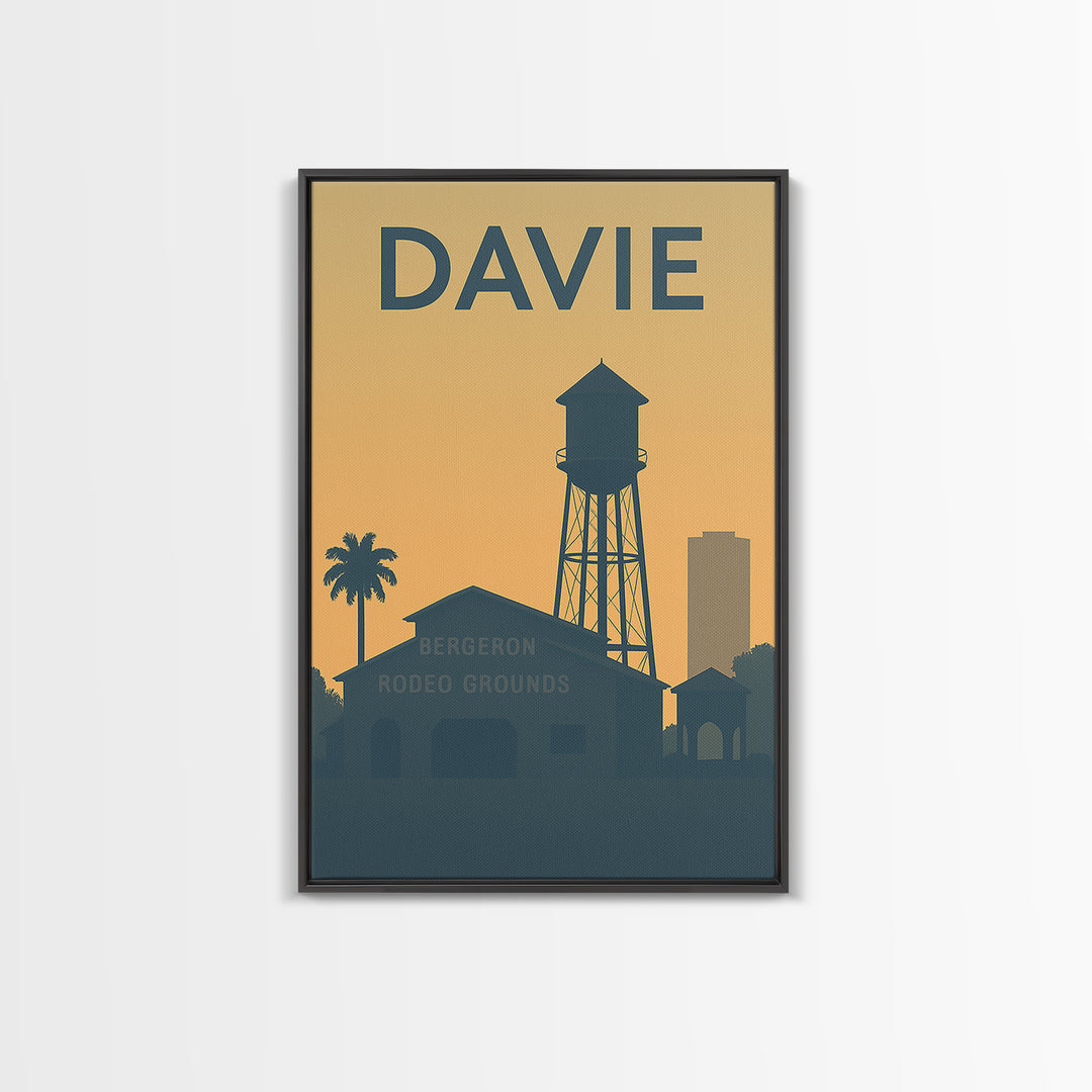 Davie Florida Travel Poster, Framed Canvas Print, Sunset Skyline Wall Art, Davie Art Print, Mid Century Wall Art, City Travel Prints