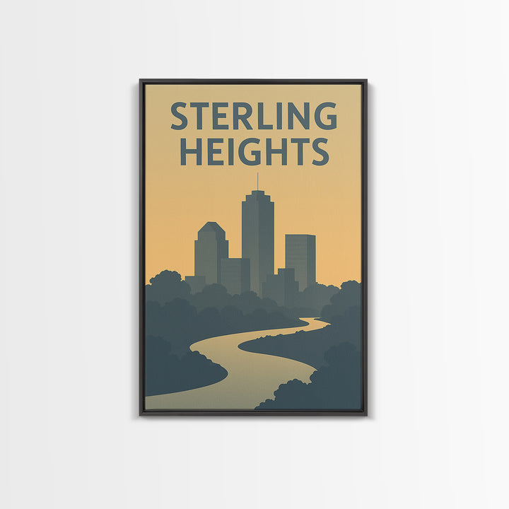 Sterling Heights Travel Poster, Canvas Print, Sunset Skyline Wall Art, Sterling Heights Travel Art, Watercolor Urban Skyline, Office Decor