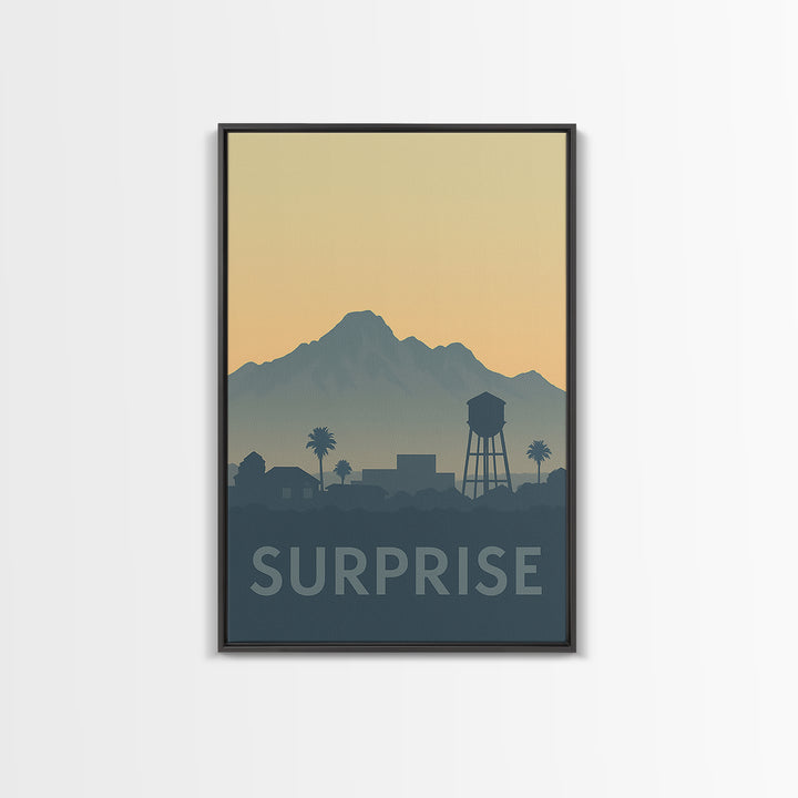 Surprise Travel Poster, Framed Canvas Print, Sunset Skyline Wall Art, Surprise Poster Print, Travel Poster Art, Eclectic Wall Decor