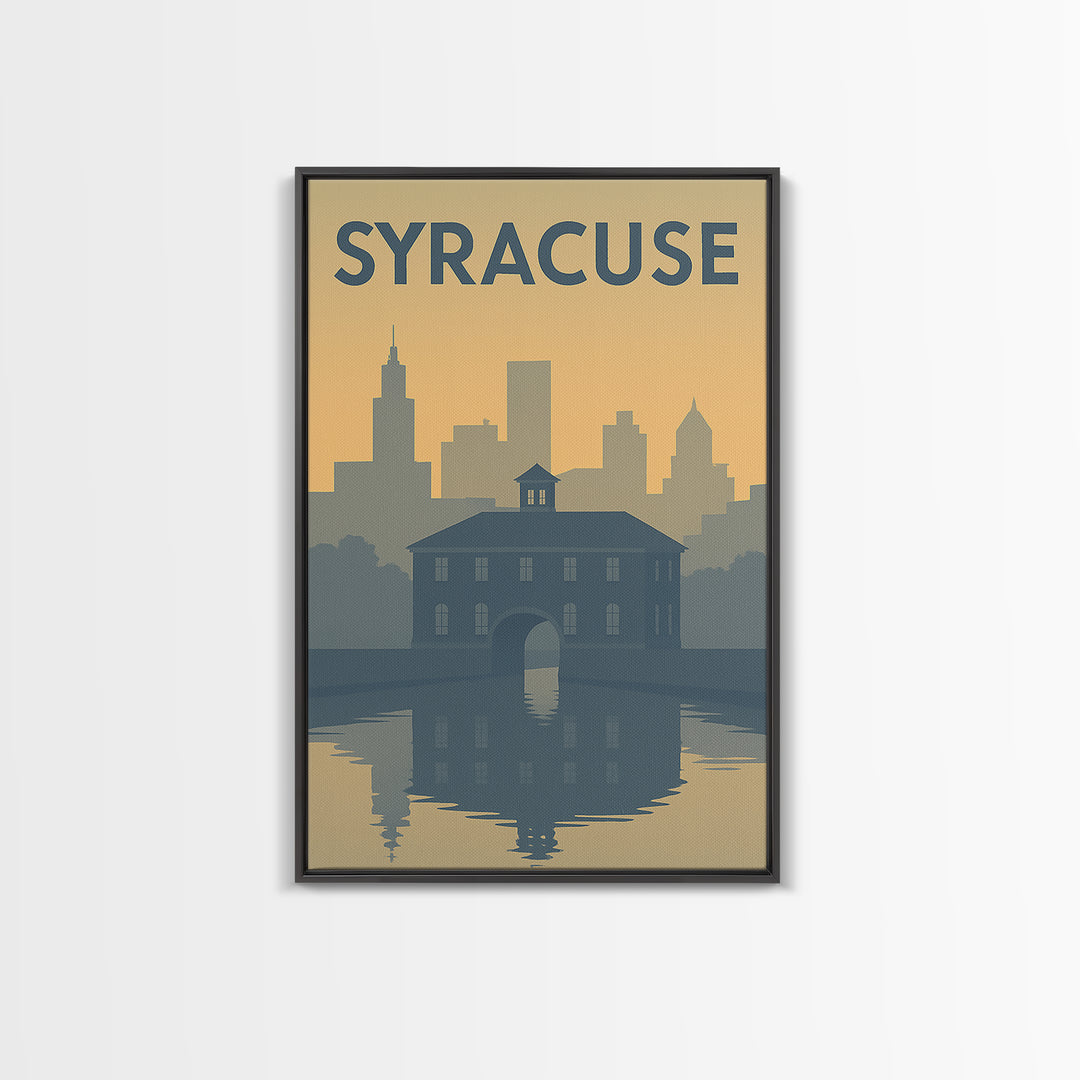 Syracuse New York Travel Poster, Framed Canvas Print, Sunset Skyline Wall Art, Syracuse City Art, Retro Travel Print, Modern Wall Decor