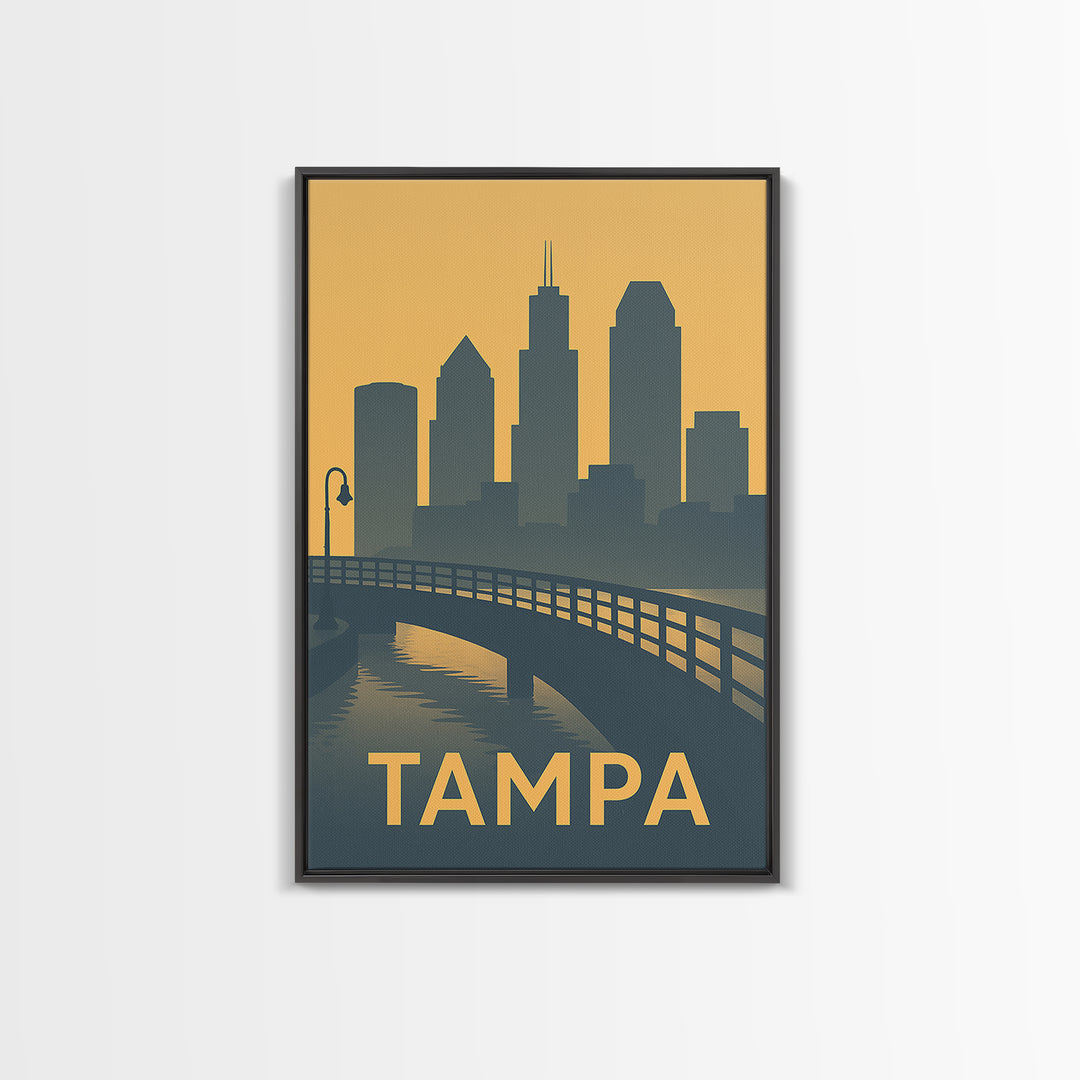 Tampa Florida Travel Poster, Framed Canvas Print, Mid Century Travel Art, Tampa Travel Art, Mid Century Wall Art, Watercolor City Skyline