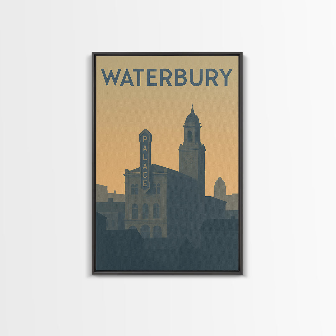 Waterbury Travel Poster, Framed Canvas Print, Minimalist Retro Wall Art, Waterbury Poster Print, Retro Travel Print, Modern Wall Decor