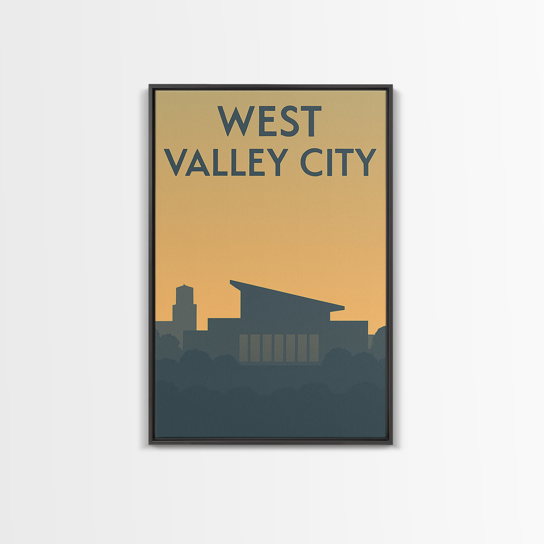West Valley City Travel Poster, Framed Canvas Print, Minimalist Retro Wall Art, West Valley City City Art, Watercolor Downtown Skyline