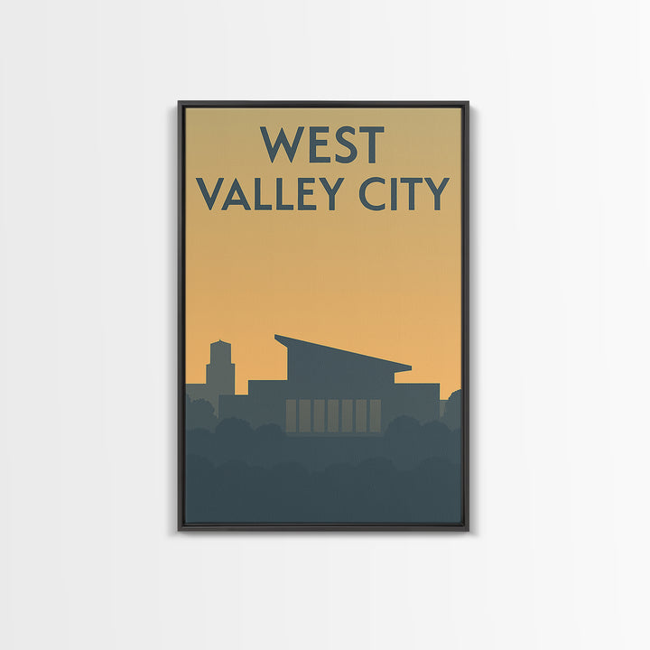 West Valley City Travel Poster, Framed Canvas Print, Minimalist Retro Wall Art, West Valley City City Art, Watercolor Downtown Skyline