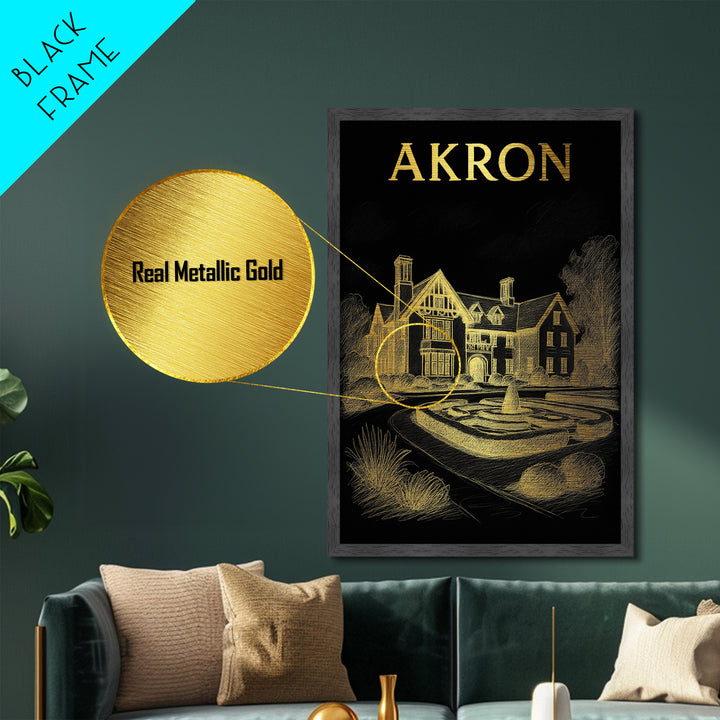 Akron Ohio travel, Metallic Gold Art, Modern House Art, Metal Art, Wood Framed Art, Traveler Gift, Destination Gift