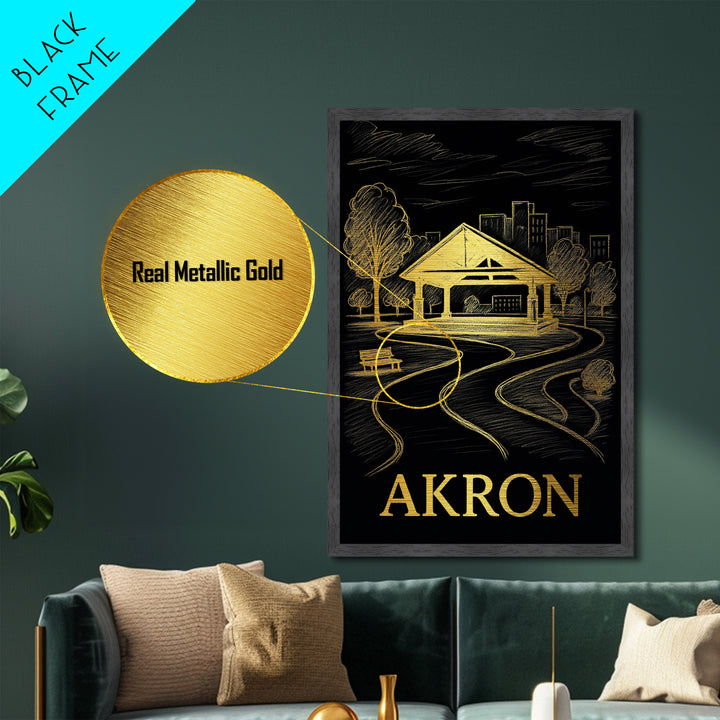 Akron Ohio art, Metallic Gold Print, Modern House Art, Metal Art, Wood Framed Art, Destination Gift, Graduation Travel Gift