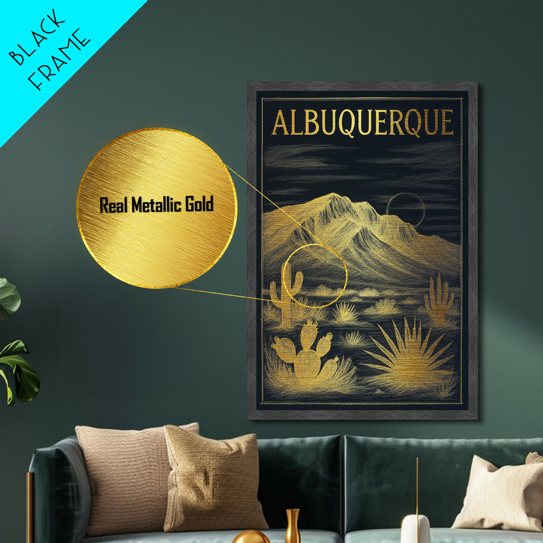Albuquerque New Mexico travel, Metallic Gold Art, Modern Skyline Wall Print, Metal Art, Wood Framed Art, Travel Gift, Adventure Lover Gift