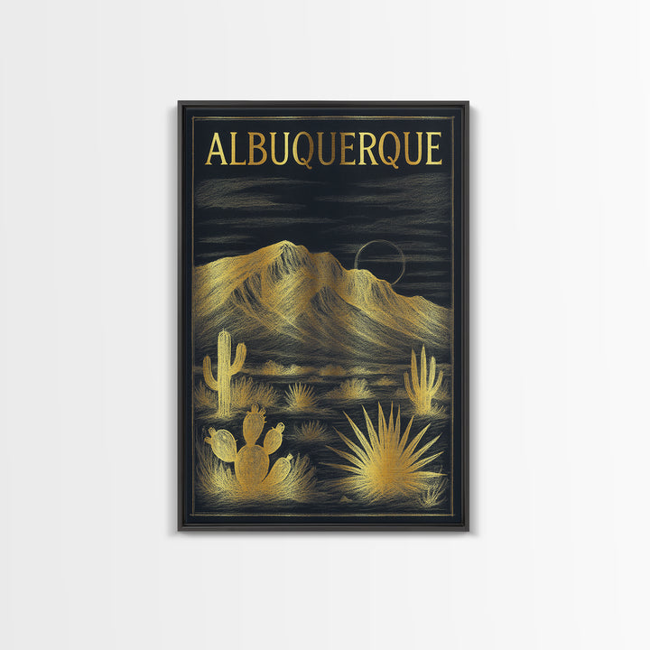 Albuquerque New Mexico Travel Poster, Framed Canvas Print, Elegant Gold City Art, Albuquerque Wall Art, Wanderlust Decor, Travel Wall Art
