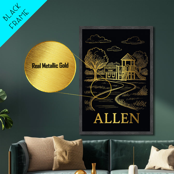 Allen Texas art, Metallic Gold Print, Office Decor, Metal Art, Wood Framed Art, Adventure Lover Gift, Traveler Gift