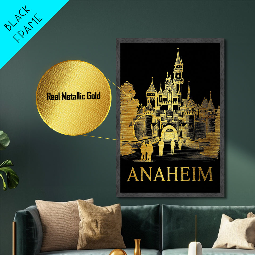 Anaheim California art, Metallic Gold Print, Housewarming Gift, Metal Art, Wood Framed Art, Newlywed Travel Gift, Honeymoon Gift