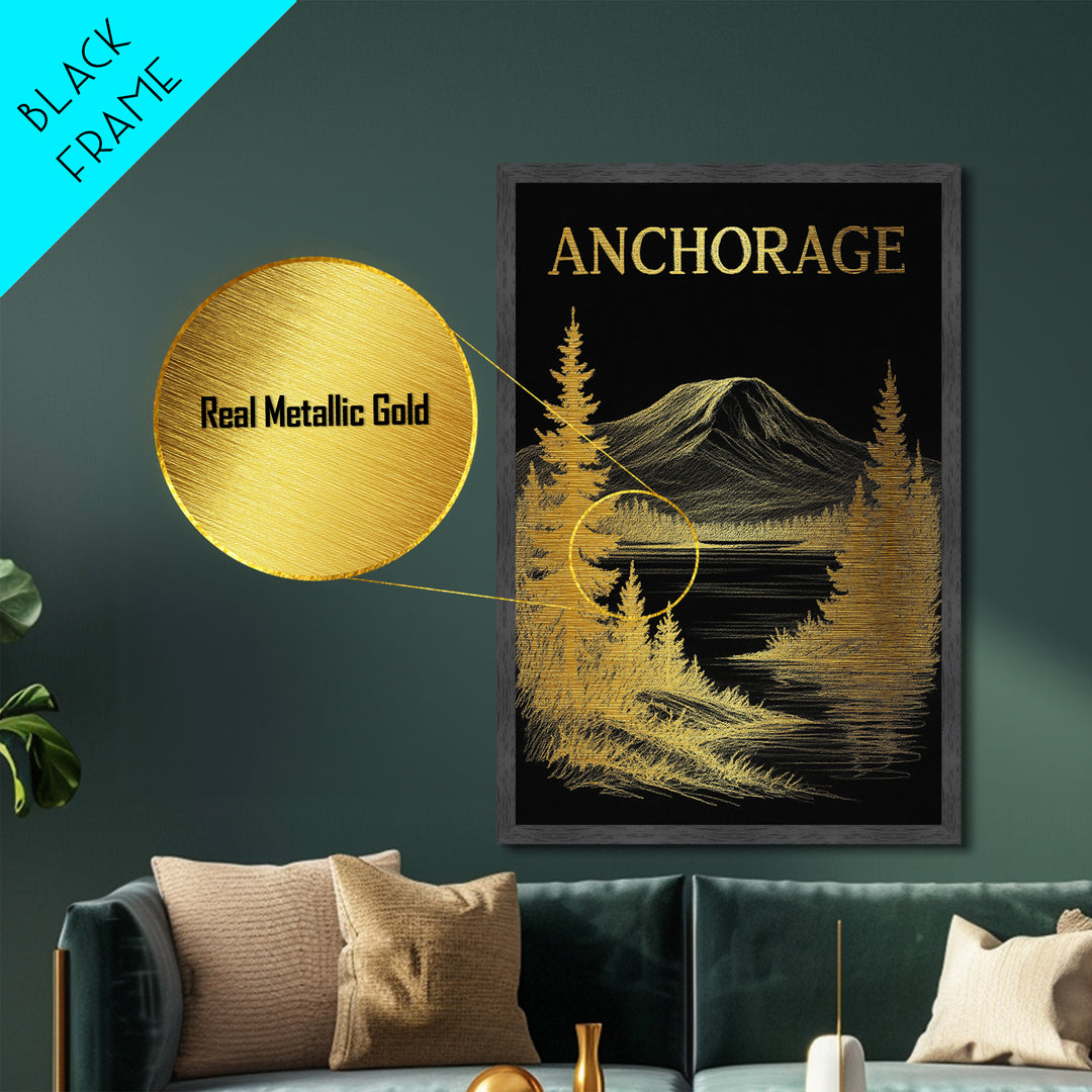 Anchorage Alaska travel, Metallic Gold Art, Modern Skyline Wall Print, Metal Art, Wood Framed Art, Adventure Lover Gift, Travel Gift
