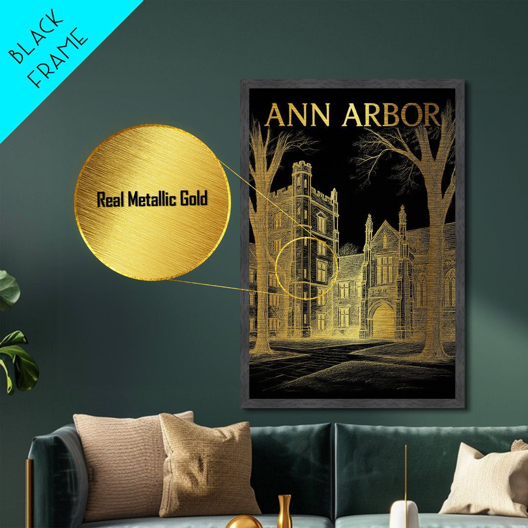 Ann Arbor Michigan travel, Metallic Gold Art, Modern House Art, Metal Art, Wood Framed Art, Wanderlust Gift, Travel Art Prints