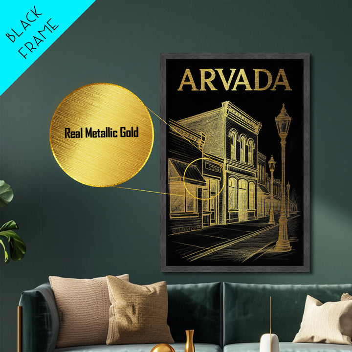 Arvada Colorado travel, Metallic Gold Art, Modern Skyline Wall Print, Metal Art, Wood Framed Art, Adventure Lover Gift, Travel Gift