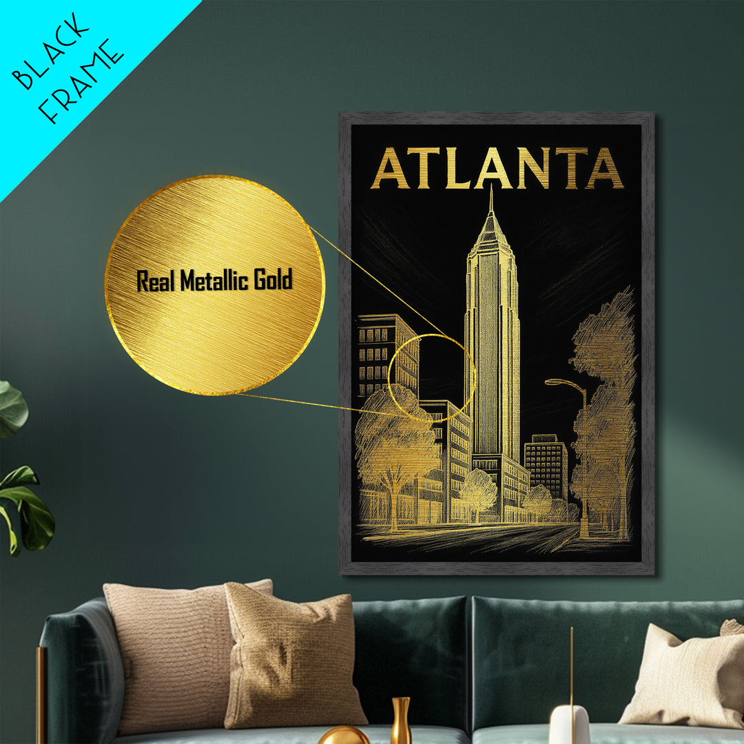 Atlanta Georgia travel, Metallic Gold Art, Modern House Art, Metal Art, Wood Framed Art, Wanderlust Gift, Travel Art Prints