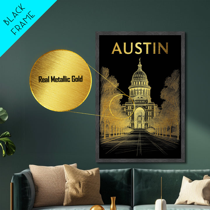 Austin Texas art, Metallic Gold Print, Office Decor, Metal Art, Wood Framed Art, Graduation Travel Gift, Destination Gift