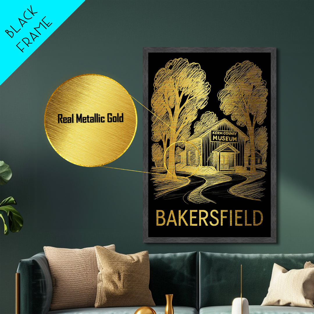 Bakersfield California art, Metallic Gold Art, Modern House Art, Metal Art, Wood Framed Art, Birthday Travel Gift, Destination Gift