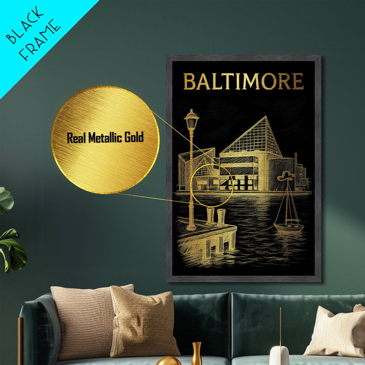 Baltimore Maryland travel, Metallic Gold Print, Modern House Art, Metal Art, Wood Framed Art, Traveler Gift, Destination Gift