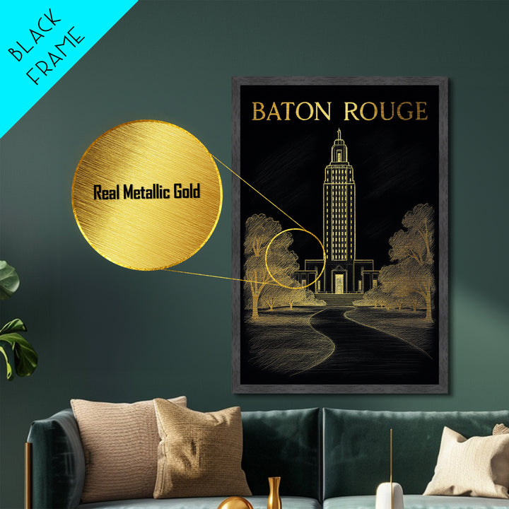 Baton Rouge Louisiana travel, Metallic Gold Print, College Dorm Décor, Metal Art, Wood Framed Art, Graduation Travel Gift, Travel Gift