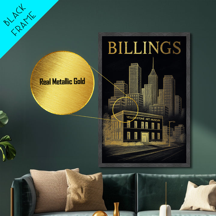 Billings Montana travel, Metallic Gold Print, Modern Skyline Wall Print, Metal Art, Wood Framed Art, Adventure Lover Gift, Travel Gift