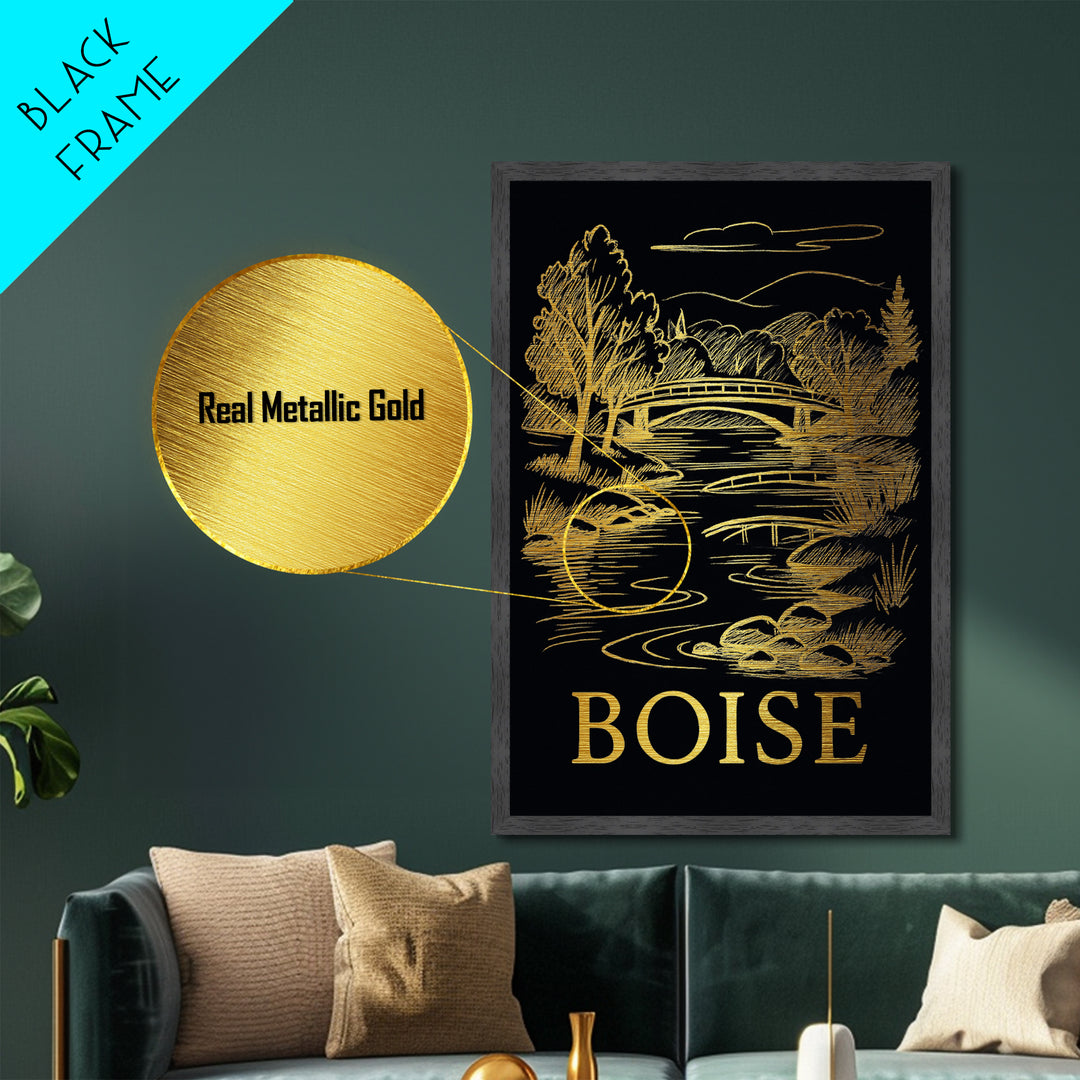 Boise Idaho art, Metallic Gold Art, Travel Art Prints, Metal Art, Wood Framed Art, Adventure Lover Gift, Traveler Gift