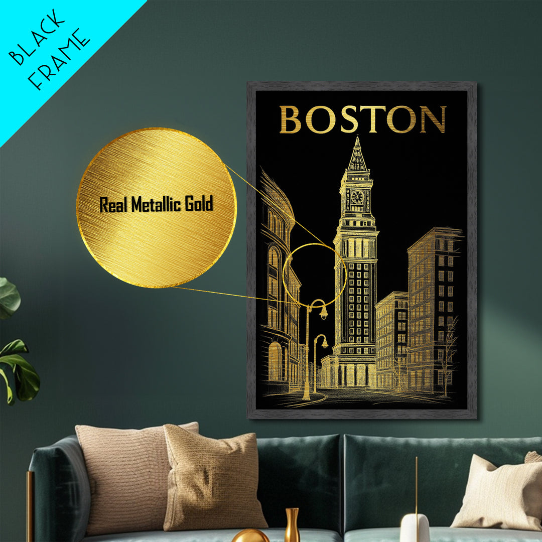 Boston Massachusetts travel, Metallic Gold Print, Modern House Art, Metal Art, Wood Framed Art, Traveler Gift, Destination Gift