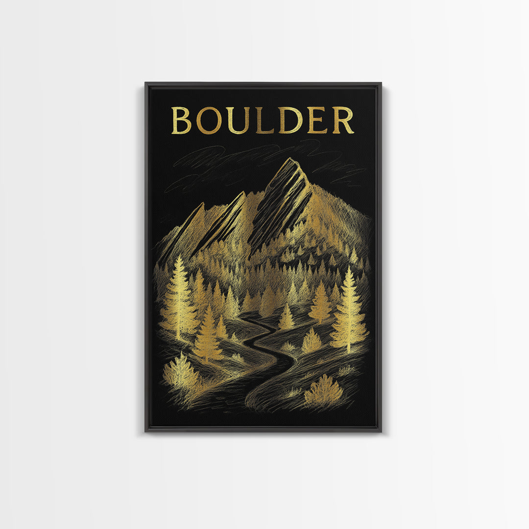 Boulder Colorado Travel Poster, Framed Canvas Print, Black And Gold Line Art, Boulder Travel Art, City Illustration, Mid Century Wall Art