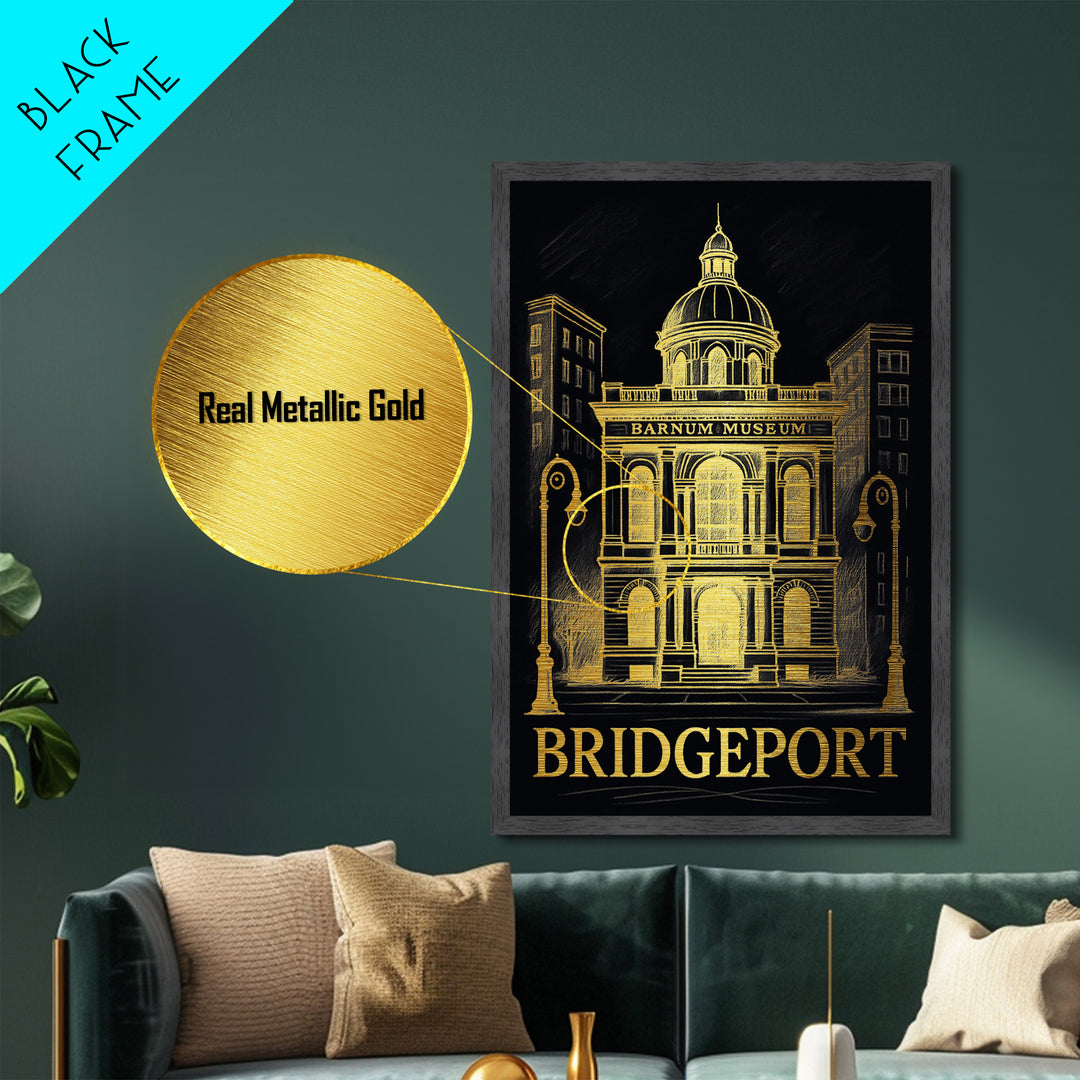 Bridgeport Connecticut art, Metallic Gold Art, Housewarming Gift, Metal Art, Wood Framed Art, Newlywed Travel Gift, Honeymoon Gift