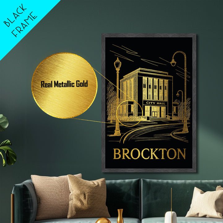 Brockton Massachusetts art, Metallic Gold Art, Office Decor, Metal Art, Wood Framed Art, Graduation Travel Gift, Destination Gift