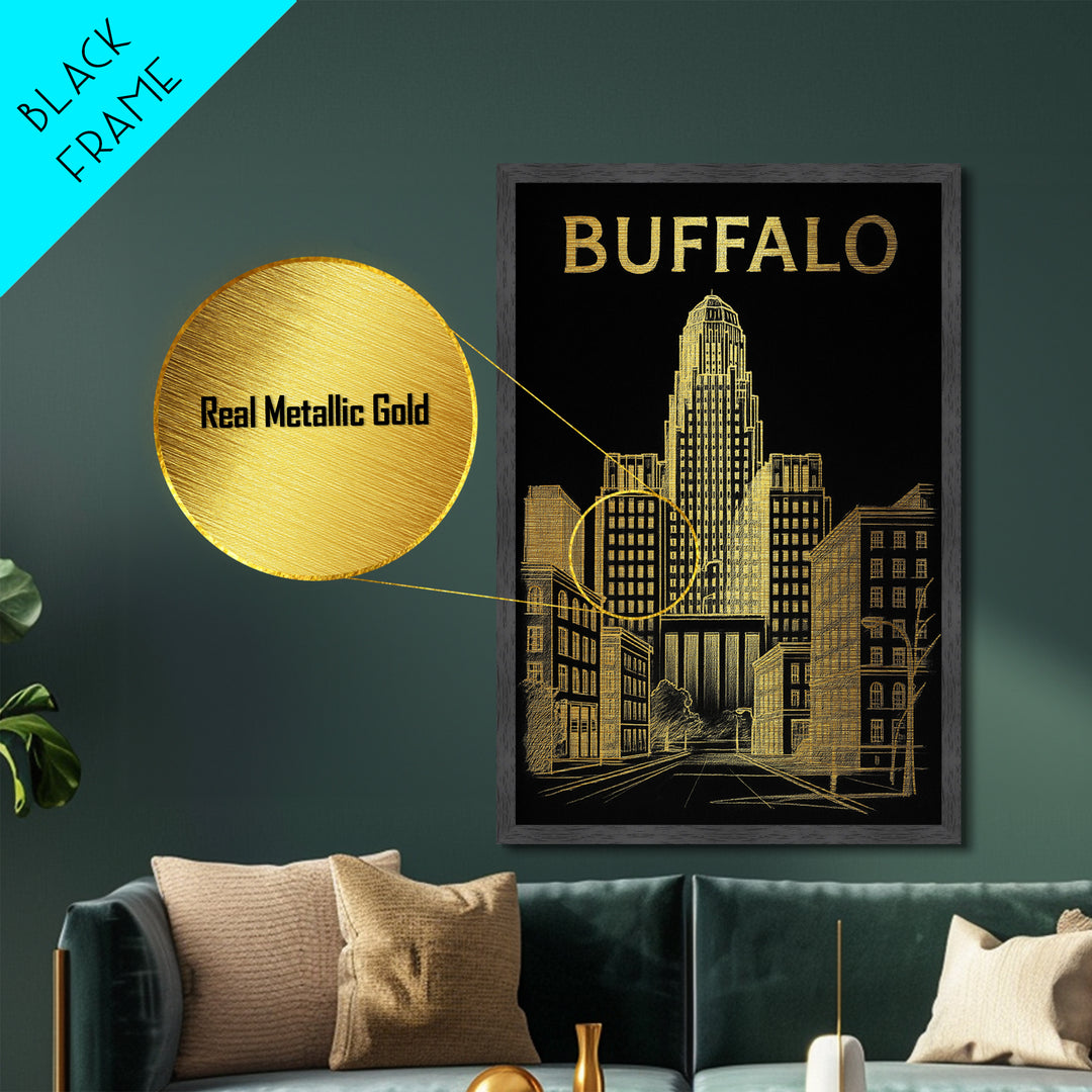 Buffalo New York travel, Metallic Gold Print, Modern Skyline Wall Print, Metal Art, Wood Framed Art, Adventure Lover Gift, Travel Gift