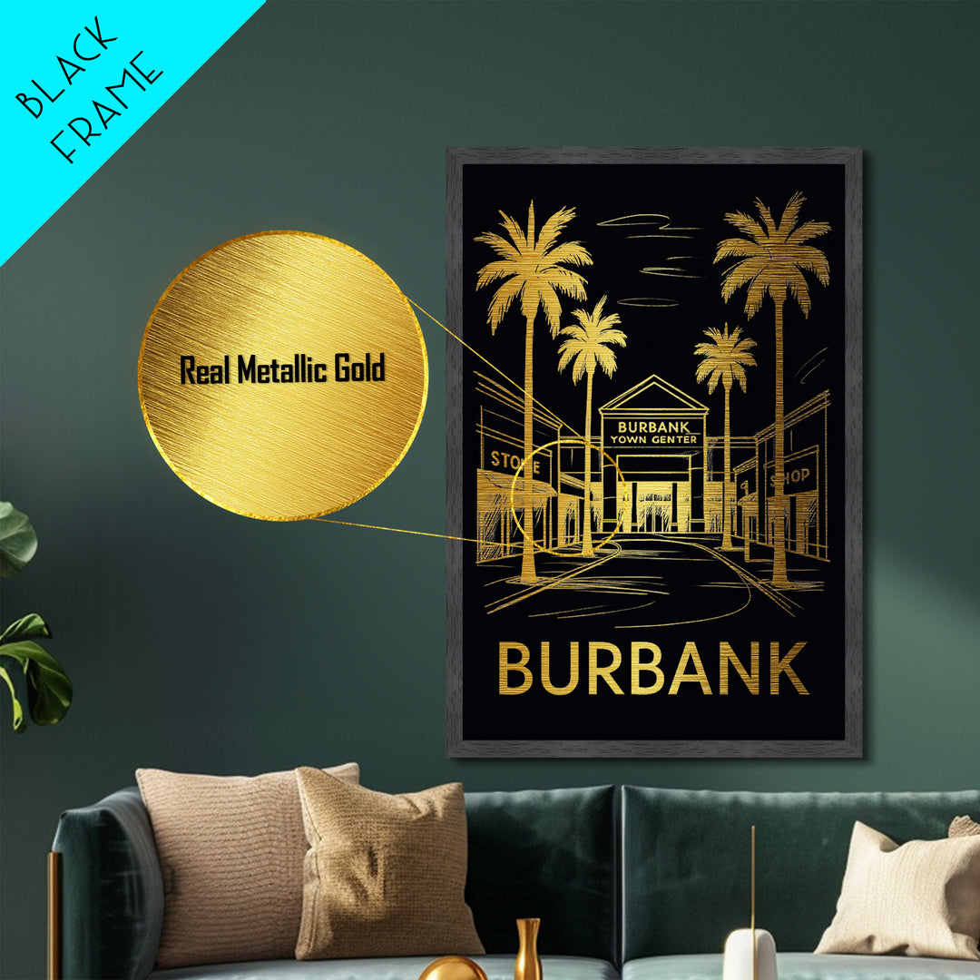 Burbank California art, Metallic Gold Art, Office Decor, Metal Art, Wood Framed Art, Graduation Travel Gift, Destination Gift