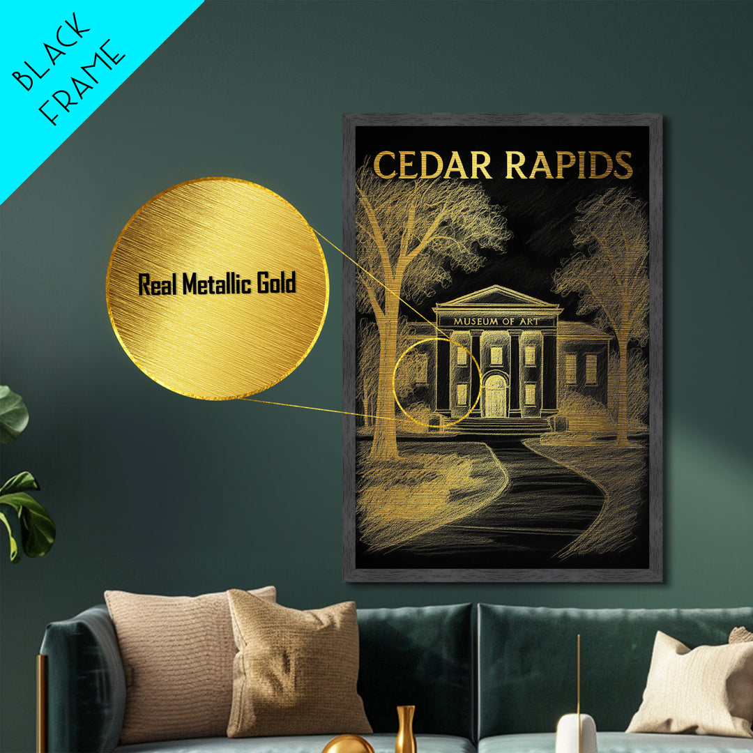 Cedar Rapids Iowa travel, Metallic Gold Print, Modern House Art, Metal Art, Wood Framed Art, Traveler Gift, Destination Gift