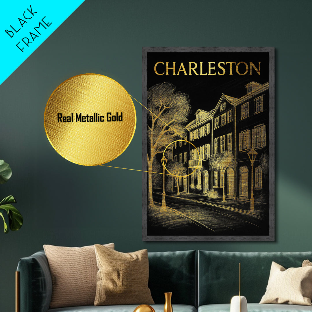 Charleston South Carolina travel, Metallic Gold Print, Closing Gift, Metal Art, Wood Framed Art, Anniversary Travel Gift, Traveler Gift