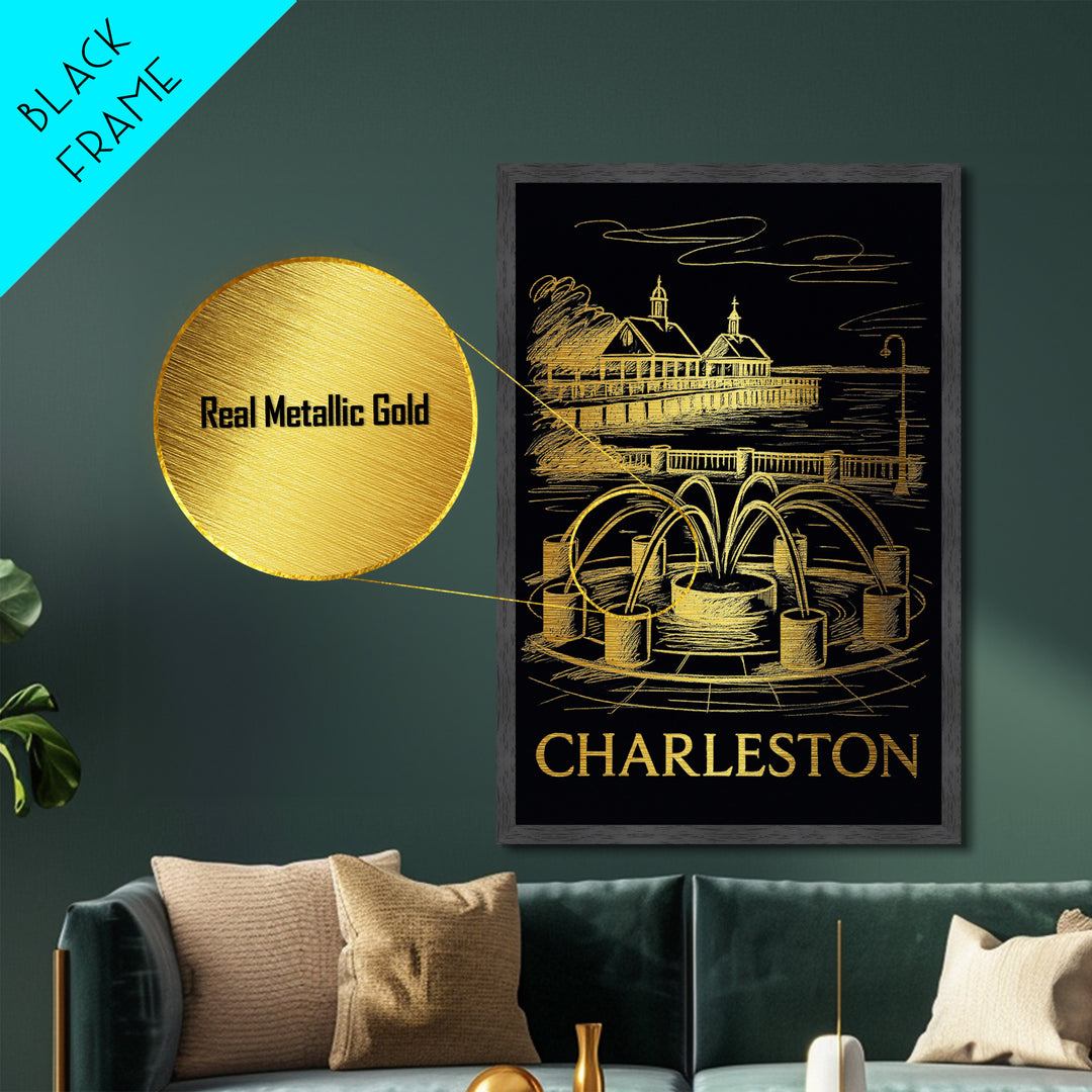 Charleston South Carolina art, Metallic Gold Art, Office Decor, Metal Art, Wood Framed Art, Graduation Travel Gift, Destination Gift