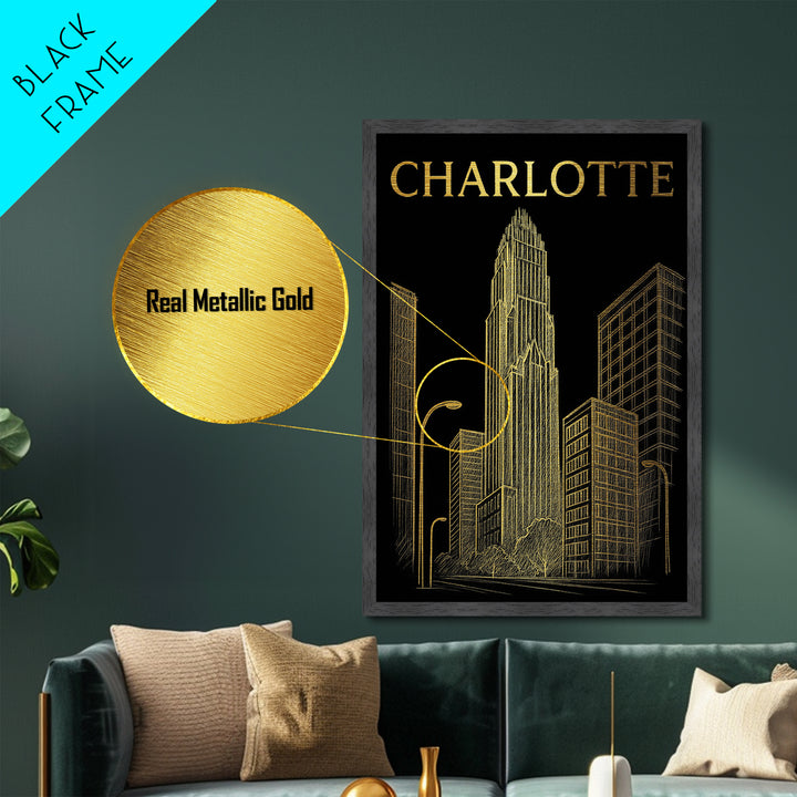 Charlotte North Carolina travel, Metallic Gold Print, Modern House Art, Metal Art, Wood Framed Art, Wanderlust Gift, Travel Art Prints